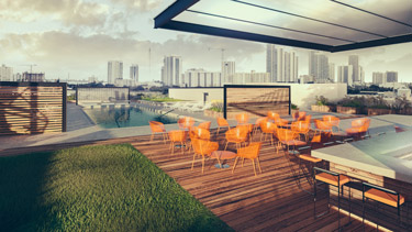East facing rooftop bar, lounge, green space and Miami skyline views
